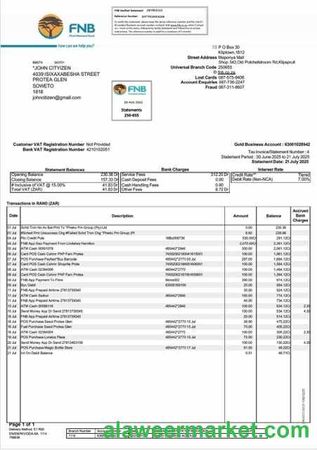 South Africa FNB bank statement Word and PDF template